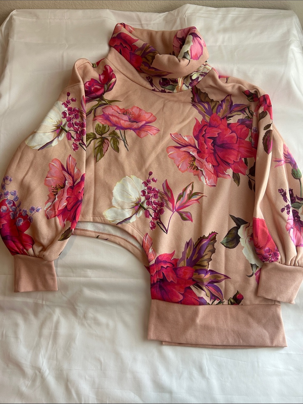 Floral Pink Cowl Neck Sweater - Women's Turtleneck Pullover